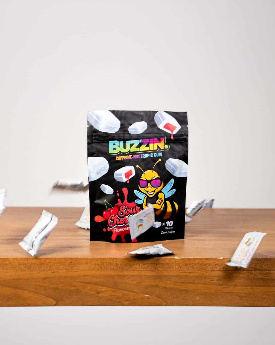 Buzzin liquid-core energy gum pack with clean caffeine and L-theanine