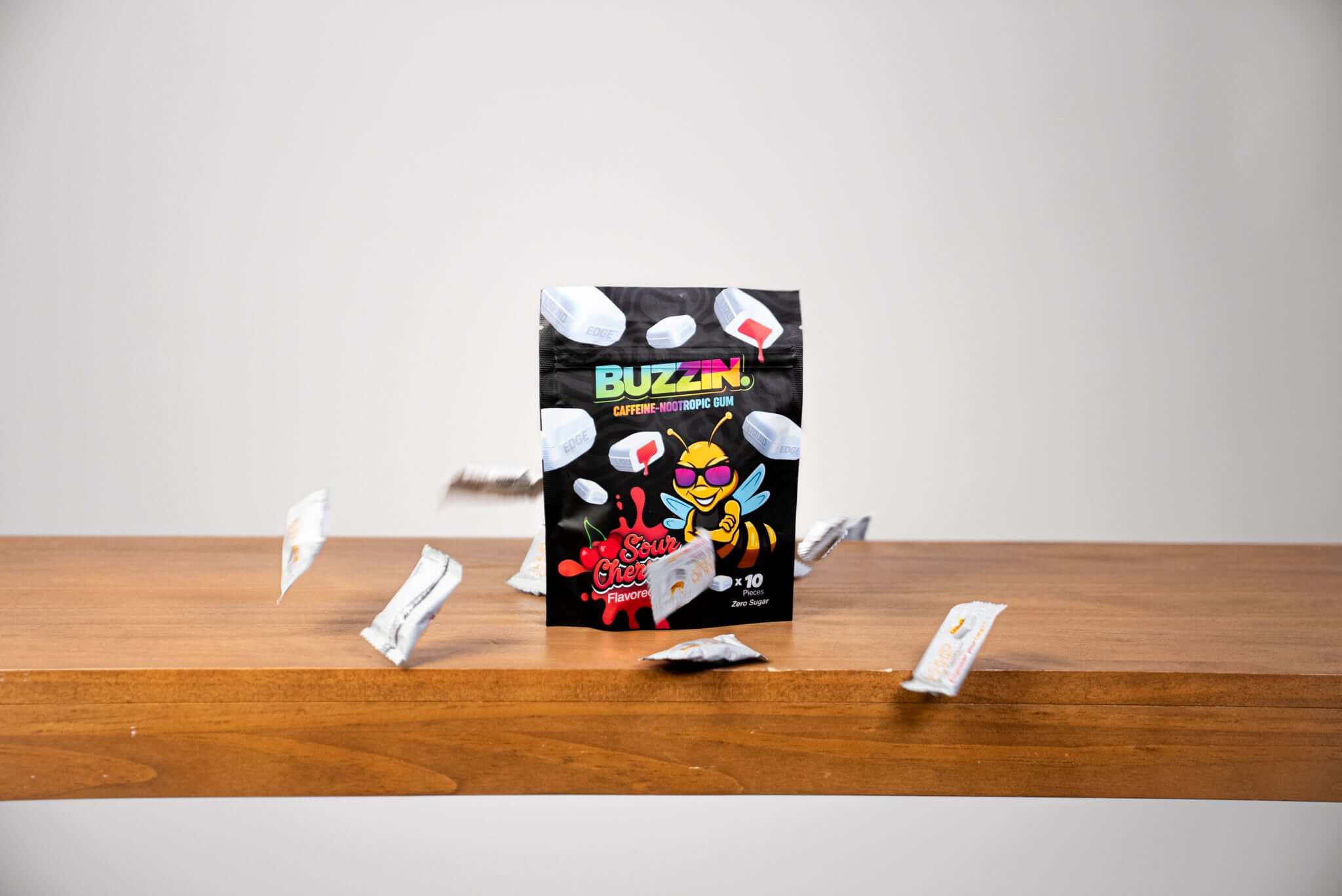 Buzzin liquid-core energy gum pack with clean caffeine and L-theanine