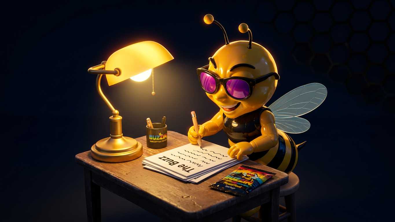 Buzzin bee writing The Buzz at a desk under a warm lamp at night.