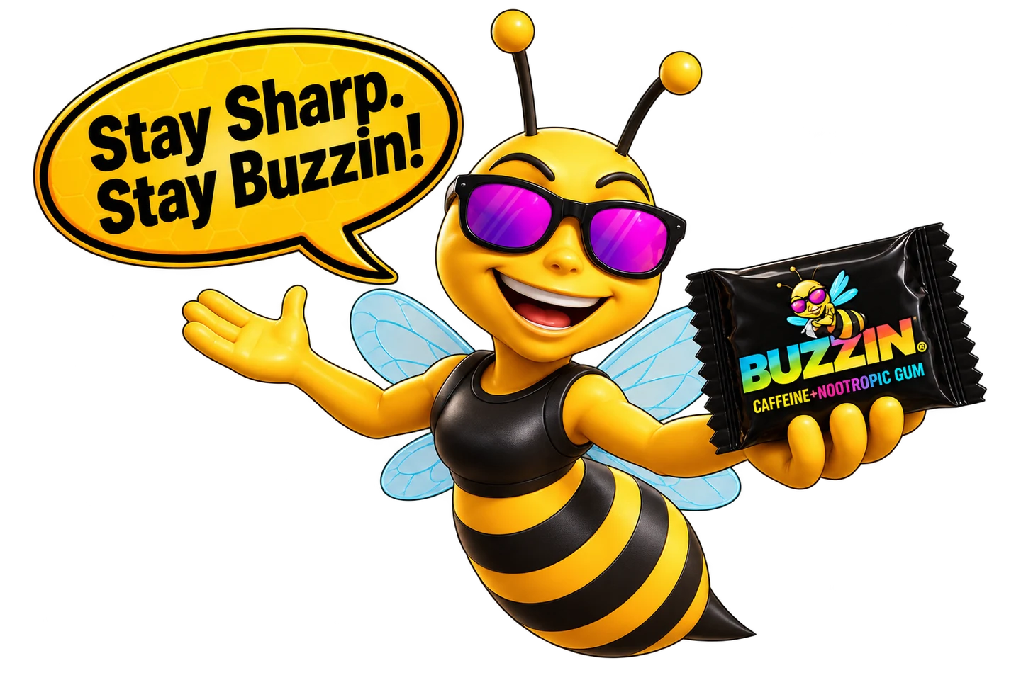 Buzzin bee mascot holding a gum packet, ready for busy days