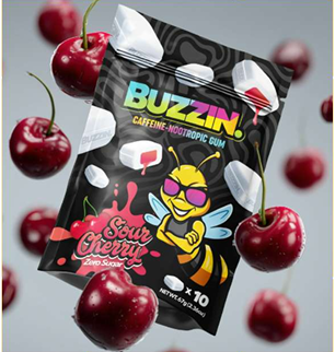 Buzzin Sour Cherry pouch surrounded by cherries